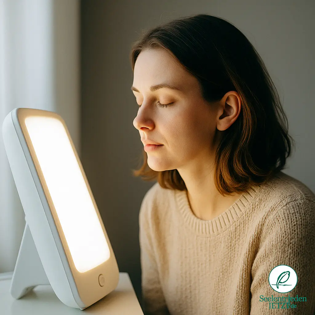 Frau nutzt Lichttherapie gegen Depression