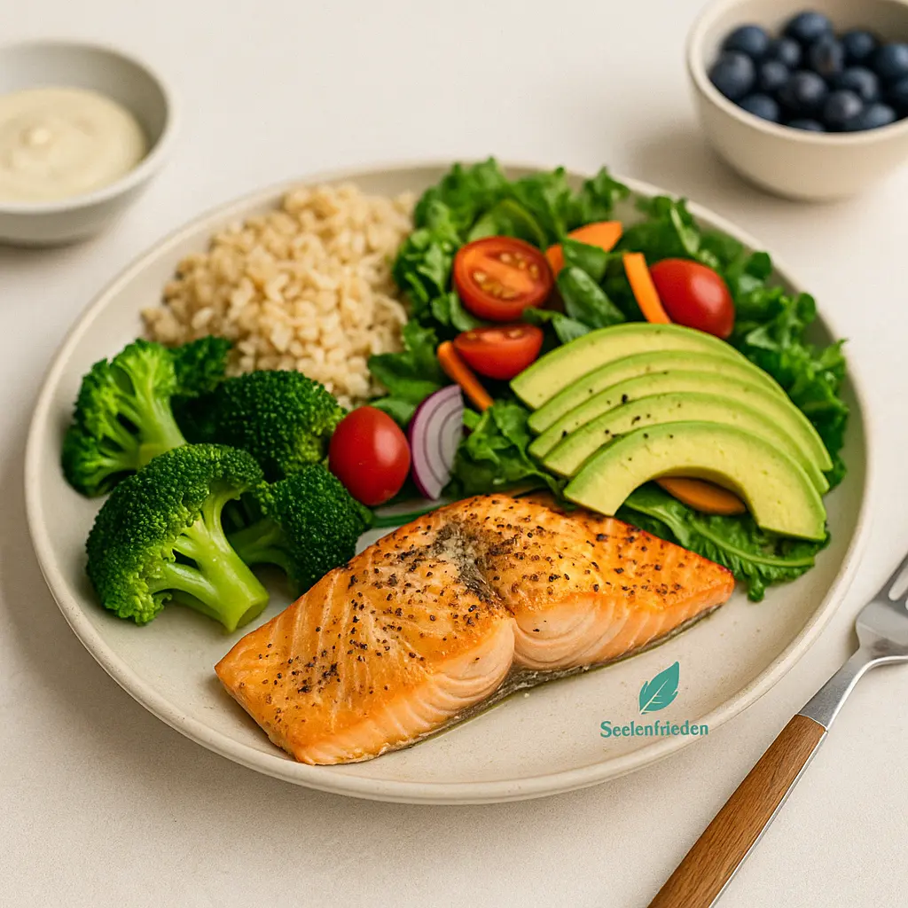 Gesunde Mahlzeit bei Depression: Lachs, Avocado, Brokkoli