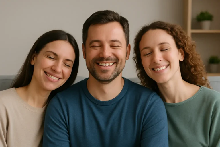 Drei Menschen lachen erleichtert – Stress erfolgreich abgebaut