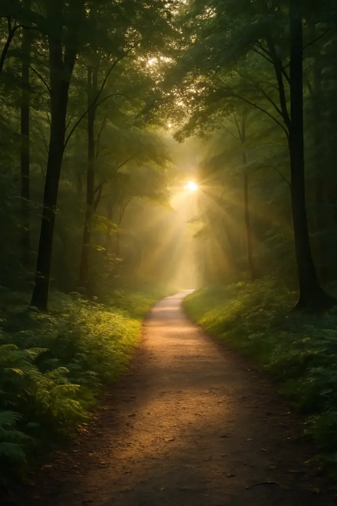 Hoffnung bei Depression – Waldweg mit Lichtstrahlen Waldweg mit Licht – Symbol für Hoffnung beim Überwinden einer Depression