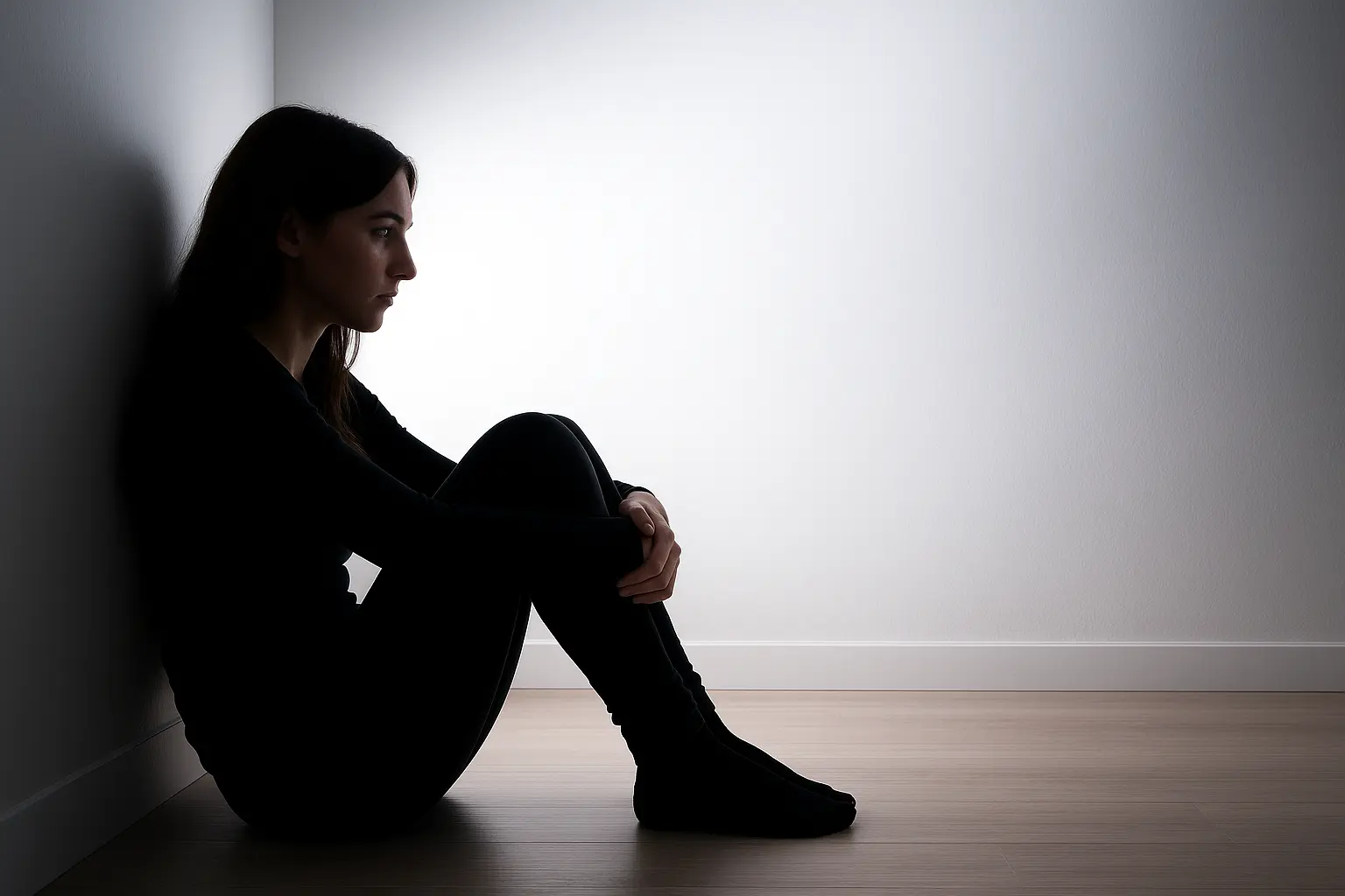 Symbolbild 5 Phasen der Depression – Frau sitzt traurig im dunklen Raum