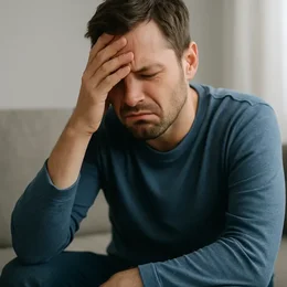 Mann mit Stresssymptomen hält sich den Kopf – Zeichen emotionaler Überforderung